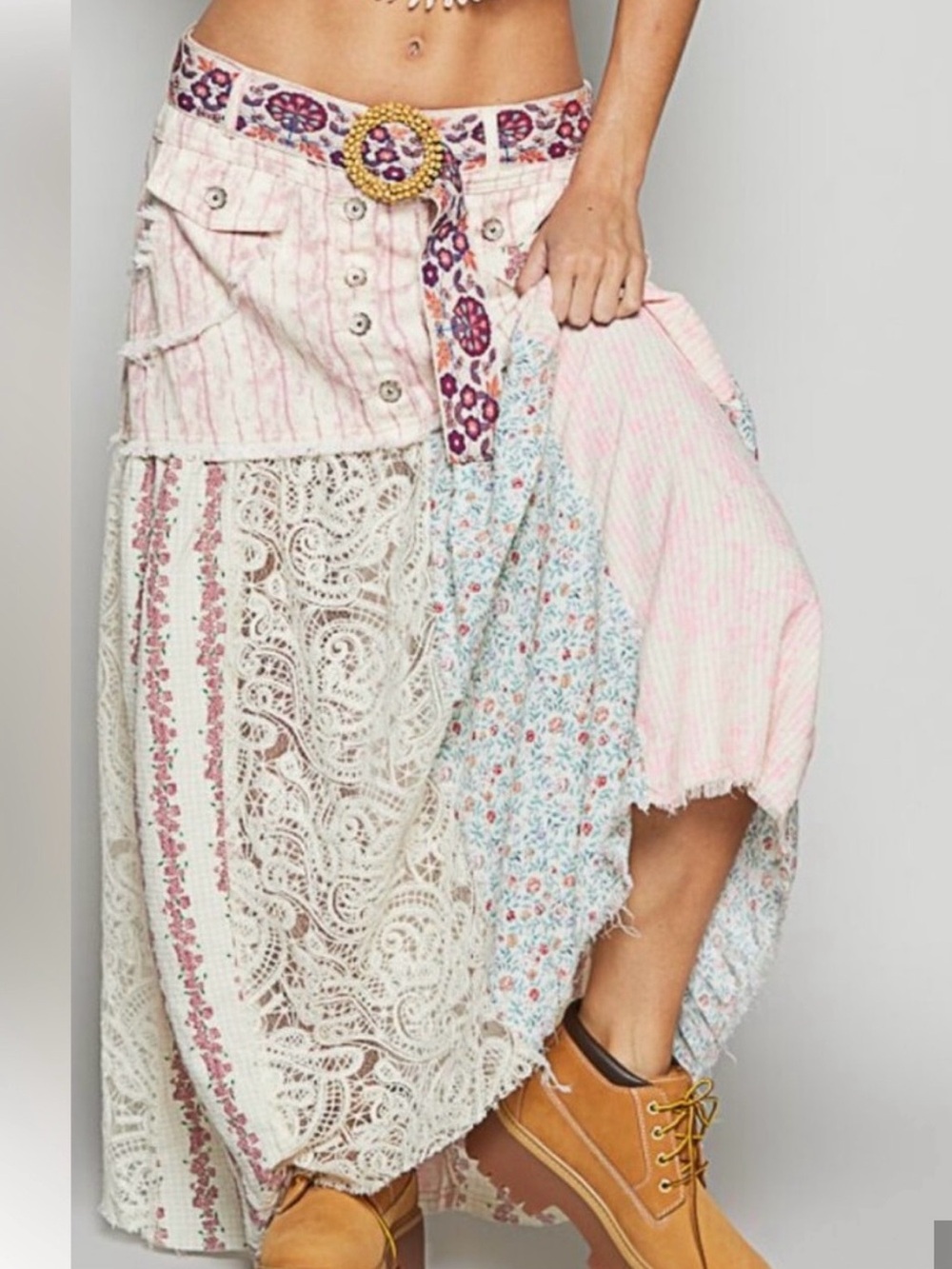 NWOT POL Boho Patchwork Lace Maxi Skirt in Pink, Cream & Blue